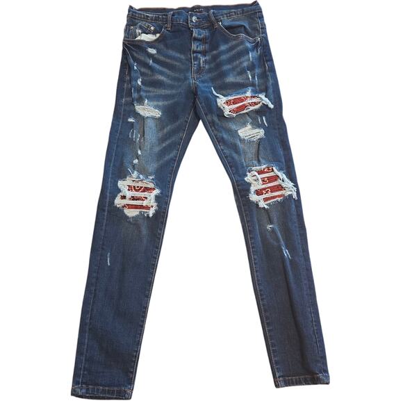 Blue Amiri Jeans with Red Bandana Patches Size 30